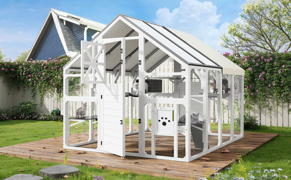 English Elm Large Walk-in Pine Wood Catio Enclosure with Platforms Resting Boxes and Planter Grey,White N704G201618K