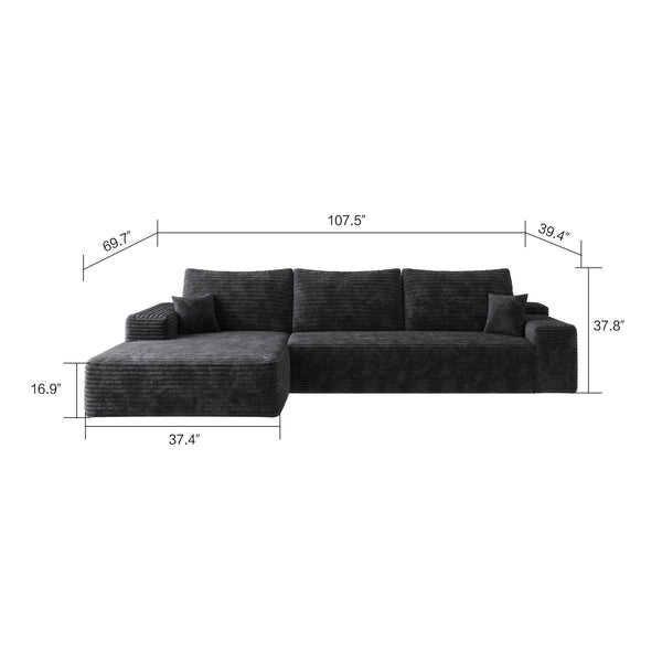English Elm Y119-SOFA-LEFT-SLEEPER-BLACK Plush Corduroy Left Chaise Modular Sleeper Sofa — No Assembly, Cloud Comfort W2824P237009