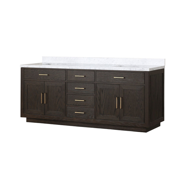 English Elm Brown Oak Double Bath Vanity With Luxurious Carrara Marble Top – Ample Storage & Easy Assembly! B2731P257847