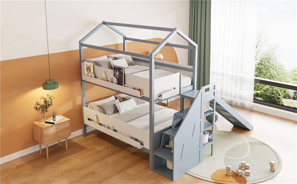 English Elm House-shaped Pine Bunk Bed with Built-in Slide Storage Staircase Twin Over Full Kids Frame Grey+White N820S00082E