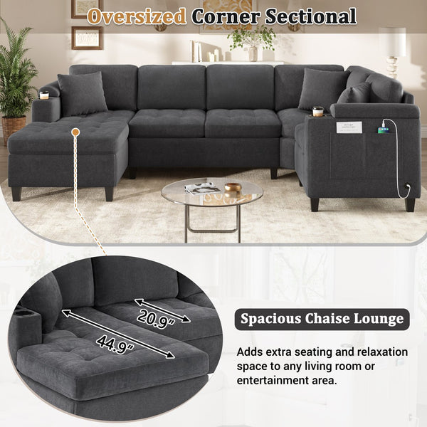 English Elm Modern U-shaped Sectional Sofa 115.7" Corner Couch with Chaise, Chenille Tufted Cushions, USB Ports and Storage Grey N719S002150E