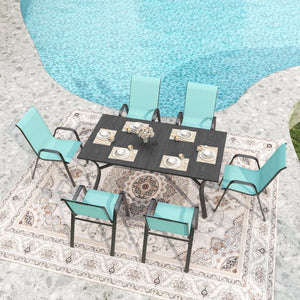 English Elm 7-piece Outdoor Dining Set with Wood-grain Steel Table Umbrella Hole Six Ergonomic Chairs Black,Sky Blue W3979S00045
