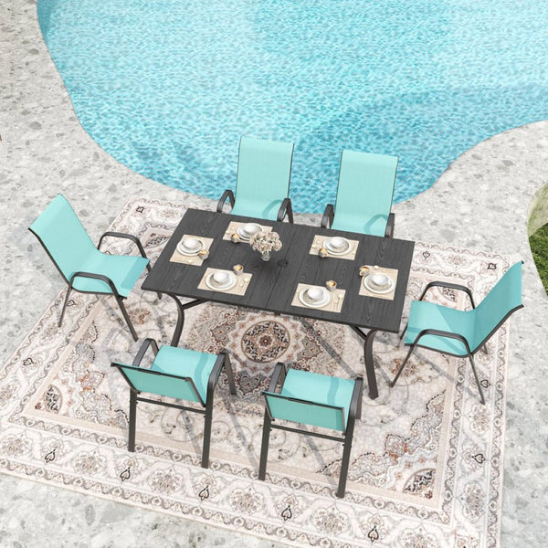English Elm 7-piece Outdoor Dining Set with Wood-grain Steel Table Umbrella Hole Six Ergonomic Chairs Black,Sky Blue W3979S00045