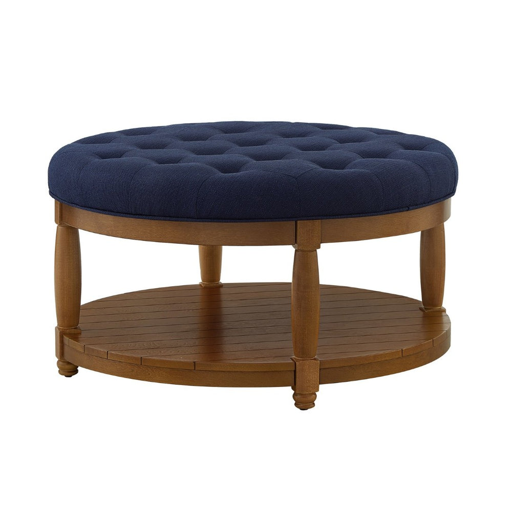 English Elm Large Round Tufted Ottoman Coffee Table with Wood Shelf for Living Room Lounge Navy Blue W2186P212195