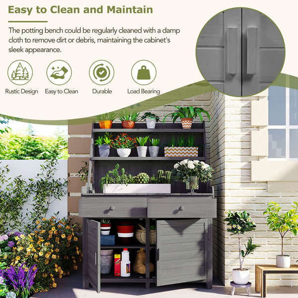 English Elm [Assembly 65inch Garden Potting Bench Table Fir Wood Workstation with 3-Tier Shelves Drawers Cabinet for Organization and Durability Gray N717P220217E
