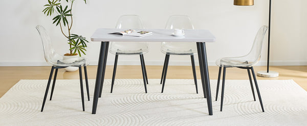 English Elm Table and Chair Set Marble Glass Top Dining with Clear Acrylic Seats Modern 5 Piece W1151S04632
