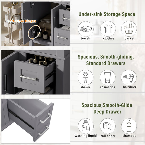 English Elm 30" Freestanding Bathroom Vanity Ceramic Sink Soft Close Cabinet Gray Wood Frame Grey N729P427118E