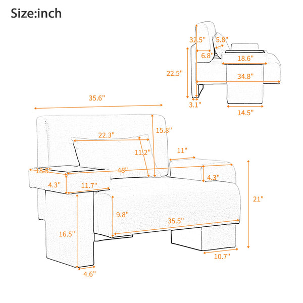 English Elm U-Can Modern Oversized Armchair with Ultra-Wide Seat, Asymmetrical Thick Arms, Built-In Storage, Plush Cushioning for Living Areas Gray SJ000130AAE