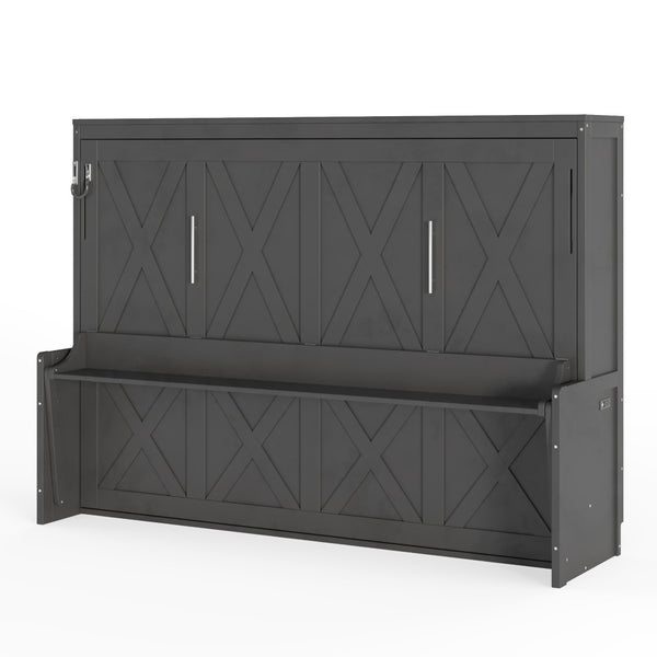 English Elm Queen Murphy Bed with Fold Down Desk Led Lighting and Usb Port for Home Office Dark Gray W1580S00457