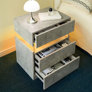 English Elm Led Nightstand with Rgb Acrylic Glow Panel Three Drawers Walnut Bedroom Table Gray W2178P412305
