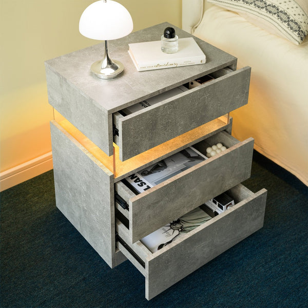 English Elm Led Nightstand with Rgb Acrylic Glow Panel Three Drawers Walnut Bedroom Table Gray W2178P412305