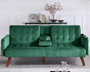 English Elm 72" Convertible Linen Sleeper Sofa with Folding Backrest Built-in Table Small Space Green B2735P498798