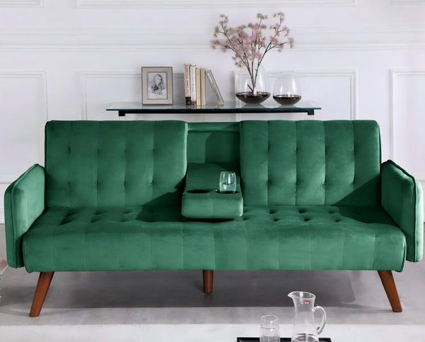 English Elm 72" Convertible Linen Sleeper Sofa with Folding Backrest Built-in Table Small Space Green B2735P498798