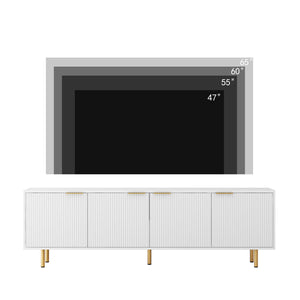 English Elm White Fluted TV Stand 68" Modern White Media Console with 4 Storage Doors, Gold Legs Accent, Durable MDF Finish W1321P185967