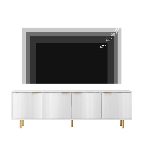 English Elm White Fluted TV Stand 68" Modern White Media Console with 4 Storage Doors, Gold Legs Accent, Durable MDF Finish W1321P185967