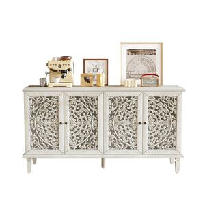 English Elm 60" Hand-Carved Floral Buffet Cabinet with Solid Wood Legs, Brass Handles, Adjustable Shelves, TV Stand Antique White W1445P327887