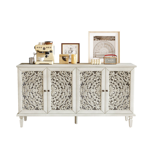 English Elm 60" Hand-Carved Floral Buffet Cabinet with Solid Wood Legs, Brass Handles, Adjustable Shelves, TV Stand Antique White W1445P327887