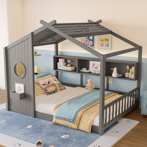 English Elm Full House Floor Bed with Roof Playhouse Design, Montessori Style with Rear Storage Shelf, Sturdy Pine Gray 78.5 L x 16.35 W x 8 H N733P335068E