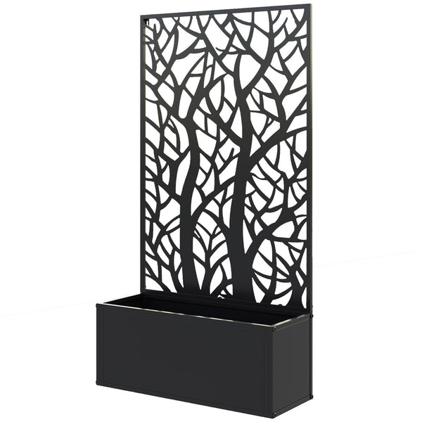 English Elm Outsunny Powder Coated Metal Raised Garden Bed with Trellis and Decorative Tree Panel W2225P485561