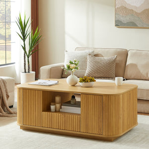 English Elm 46.5"modern oval coffee table with drawers, hidden compartments & wavy woodgrain top for stylish storage Natural W1162P339120