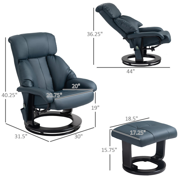 English Elm HOMCOM PU Leather Massage Recliner with Ottoman, 360° Swivel, Remote Control, Heat & Multi-Mode Comfort Blue W2225P173860