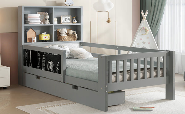 English Elm Twin Chalkboard Platform Bed with Drawers & Shelves, Solid Wood Kids Bed with Storage and Creative Headboard Grey W1580P362706