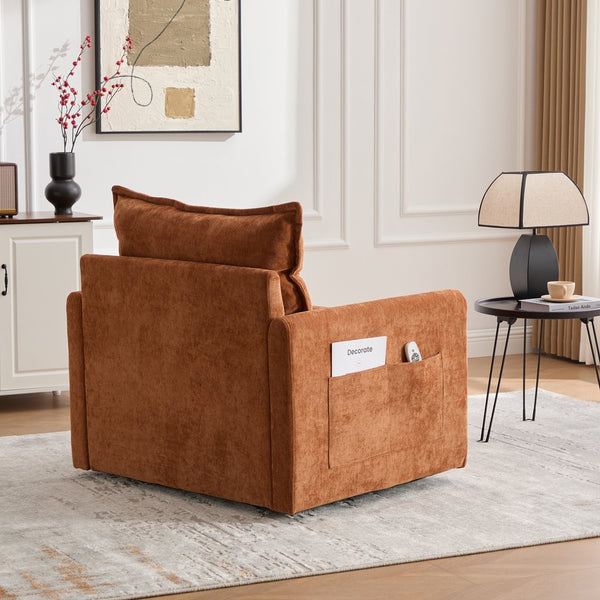 English Elm UNITED Swivel Barrel Chair with Chenille Upholstery, 360° Smooth Rotation, Padded Arm Comfort and Side Pockets for Living Room Relaxation Brown W1568P290084