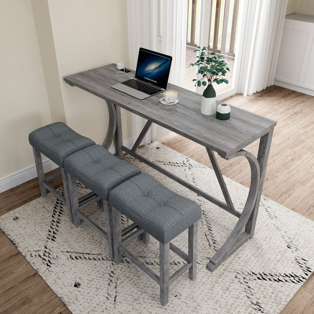 English Elm Bar Industrial Bar Table Set with Power Outlet and Upholstered Chairs, Space-Saving Dining Hub Gray W487P333507