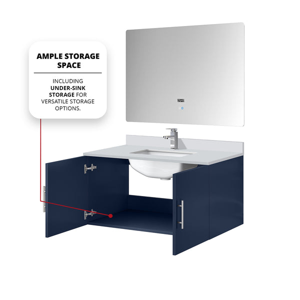 English Elm Navy Blue Bath Vanity Set With Cultured Marble Top, Chrome Faucet & Led Mirror – Modern Style! B2731S01314