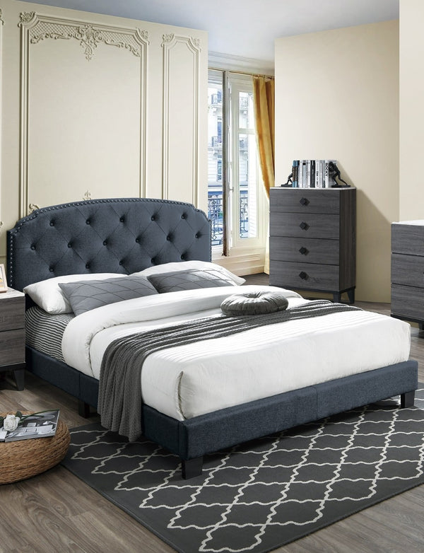 English Elm Light Gray Burlap Upholstered Twin Bed with Button Tufted Headboard and Nailhead Trim Charcoal B011P415171