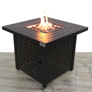 English Elm 25" Steel Propane Fire Pit Table Square 40,000 BTU Powder-Coated Black with Lava Rocks, Lid & Cover B120P160495