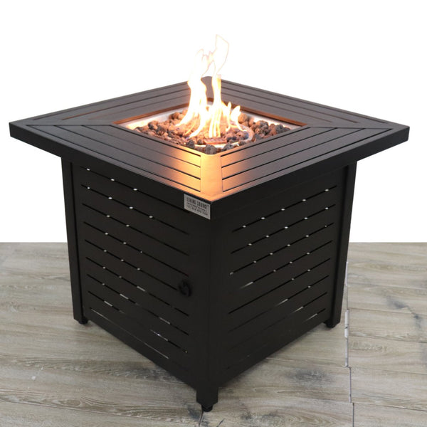 English Elm 25" Steel Propane Fire Pit Table Square 40,000 BTU Powder-Coated Black with Lava Rocks, Lid & Cover B120P160495