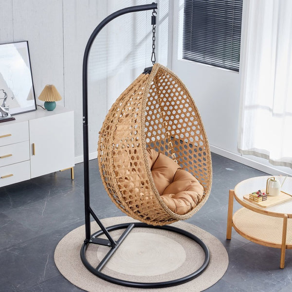 English Elm 76.8-inch Hand Woven Rattan Egg Swing Chair Indoor Outdoor with Cushion Lumbar Pillow Yellow W1512P498594
