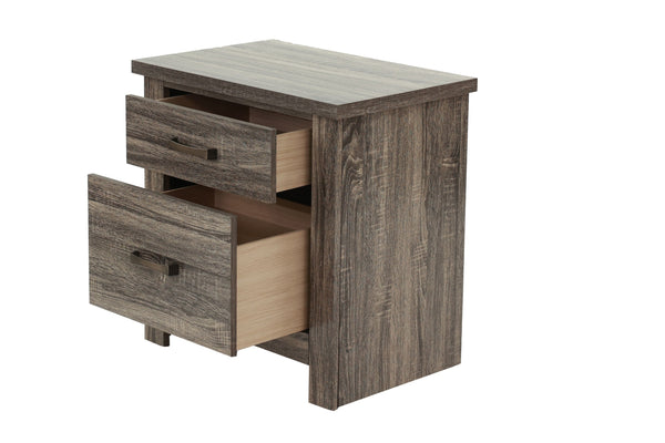 English Elm Natural Weathered Grey Nightstand with 2 Drawers, Mid-Century Tapered Legs, Black Groove Accents, 24"H HSESF00F5476