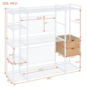 English Elm Open-Style Wardrobe Storage System with Heavy-Duty Metal Frame, Rails, Shelves & Drawers - Sleek Durable Design for Organized Living White SF000087AAK