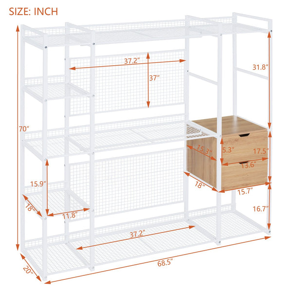 English Elm Open-Style Wardrobe Storage System with Heavy-Duty Metal Frame, Rails, Shelves & Drawers - Sleek Durable Design for Organized Living White SF000087AAK