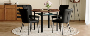 English Elm Table Set 42 Inch Round Wood Grain Top Glass Inlay with 4 Pu Leather Dining Chairs Brown+Black W1151S04495