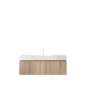 English Elm Muri Floating Bathroom Vanity Plywood Cabinet Sintered Stone Top Oak Woodgrain W2615S00622