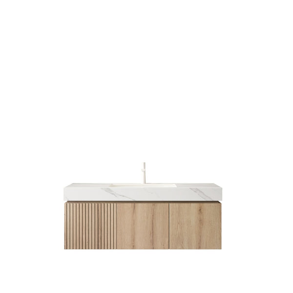 English Elm Muri Floating Bathroom Vanity Plywood Cabinet Sintered Stone Top Oak Woodgrain W2615S00622