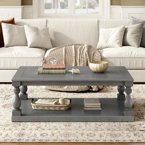 English Elm U_Style Vintage Coffee Table With Artistic Vase Column Legs - Luxurious Pine Veneer For Timeless Elegance N711P256967E-GIGA