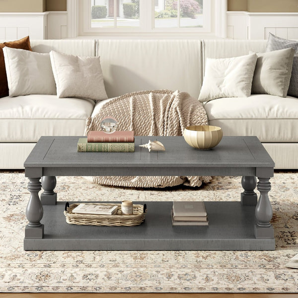 English Elm U_Style Vintage Coffee Table With Artistic Vase Column Legs - Luxurious Pine Veneer For Timeless Elegance N711P256967E-GIGA