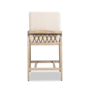 English Elm Arizona 25.5" Solid Ash Wood Upholstered Counter Stool With Rope Detail, Crème De La Crème White Faux Fur