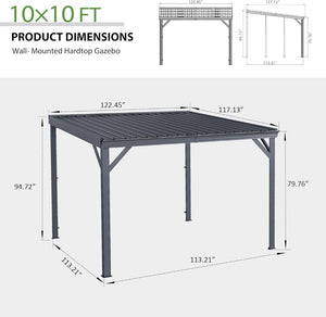 English Elm 8' 8 Ft Hardtop Lean to Pergola with Galvanized Steel Roof and Drainage for Patio Deck Gray W1859S00191