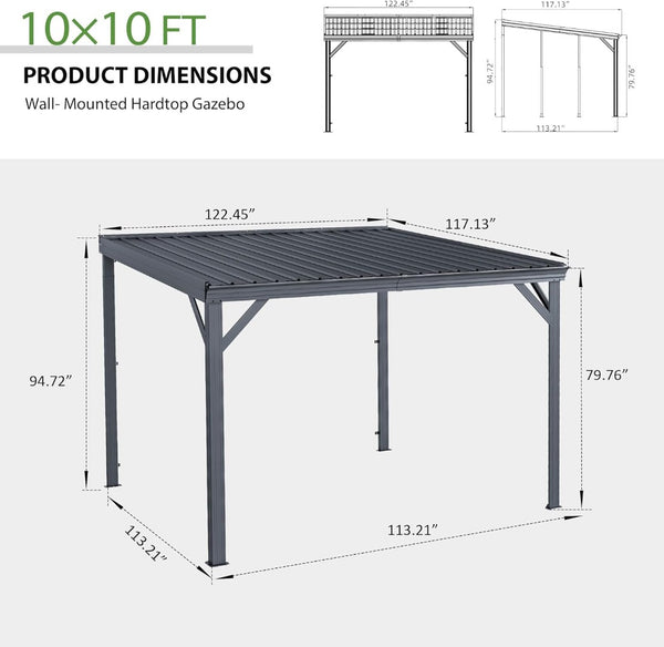 English Elm 8' 8 Ft Hardtop Lean to Pergola with Galvanized Steel Roof and Drainage for Patio Deck Gray W1859S00191