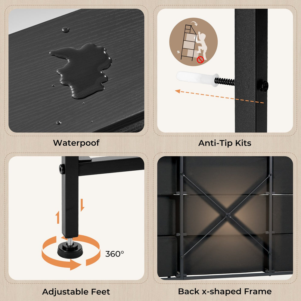 English Elm 55''W Modern Dresser with 9 Fabric Drawers & 2 Open Shelves — Sturdy Wood‑Metal Chest, Anti‑Tip Stability Black T3950P402193