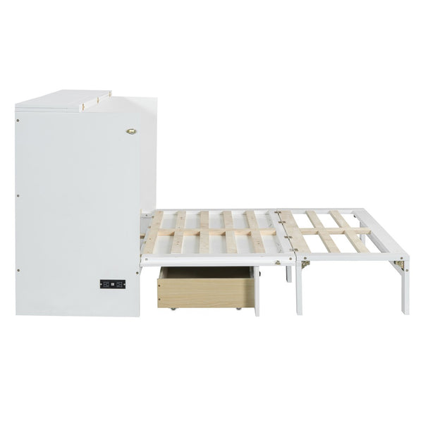 English Elm Full Size Murphy Bed Rattan Cabinet with Storage Drawers and Gold Hardware White N708S00009K