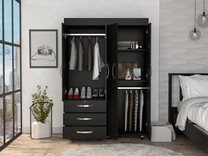 English Elm Hamilton Mobile Armoire with 4 Doors, 3 Drawers, Dual Hanging Rods and Multiple Shelves for Organized Storage and Durable Engineered Wood Finish Black 70.47 L x 23.23 W x 4.33 H B097S00229
