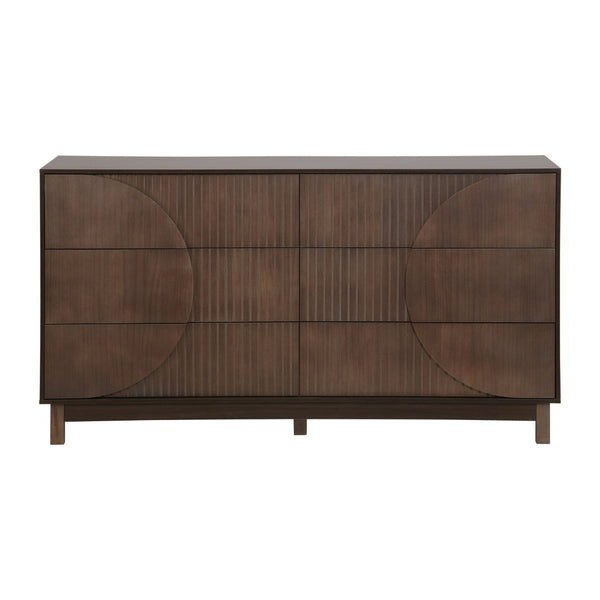 English Elm Modern Fluted 6 Drawer Dresser with Solid Wood Legs Japandi Chest for Bedroom Dark Brown N739S0000015D