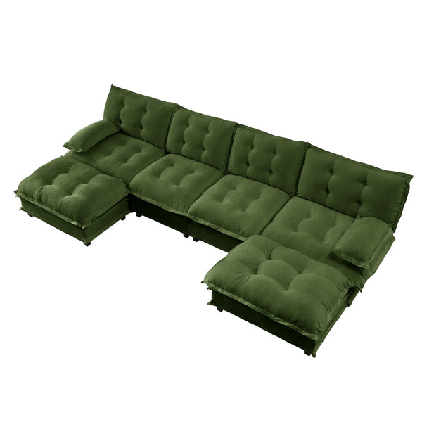 English Elm 138" U-shaped Chenille Cloud Sectional with Ottomans Deep Seat Modular Living Room Sofa Green W714S01733