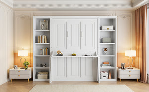 English Elm Full Full Size Murphy Bed with Desk and Bookshelf in White — Space-Saving Pine/MDF Foldaway with Work Surface and 600lb Capacity GX004001AAK